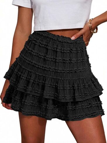 Fisoew Womens Ruffle Mini Skirt Casual High Waist Tiered Flowy Boho Skirts Summer Golf Tennis Skorts in Saudi Arabia