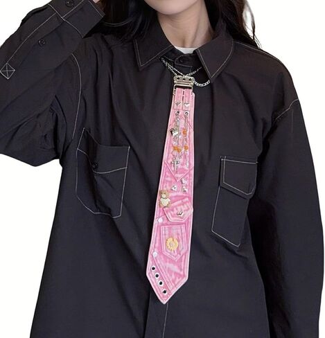 Women's Cute Denim Necktie Metal Chain Decoration Shirt Accessory Casual Party Punk Rock Fashion Pre-Tied Ties in Saudi Arabia