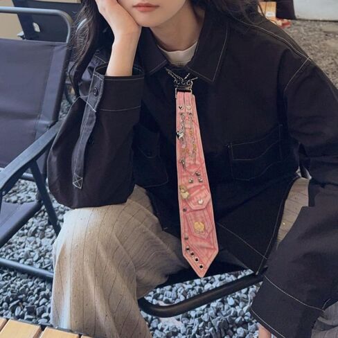 Women's Cute Denim Necktie Metal Chain Decoration Shirt Accessory Casual Party Punk Rock Fashion Pre-Tied Ties in Saudi Arabia