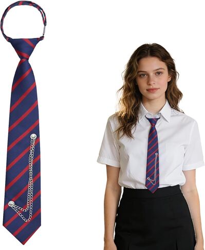 Striped Tie for Women, Adjustable Necktie for Women with Chain Pre-tied Uniform School Girl Tie for Daily Party in Saudi Arabia