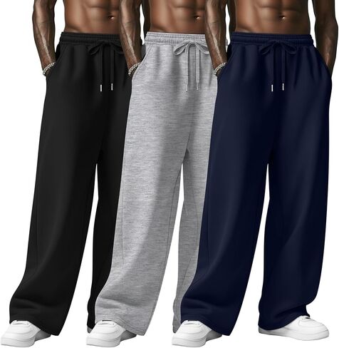 3 Pack Men's Baggy Sweatpants Wide Leg Open Bottom Drawstring Pants Lounge Athletic Loose Joggers with Pockets in Saudi Arabia