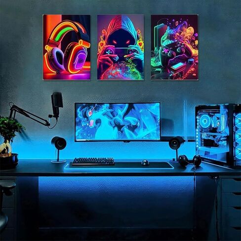 1Set/3Pcs Gaming Wall Art Set Neon Style Triptych Vibrant Headphones Gamer Controller Prints for Game Room Living Area Streamer Setup, 12 * 18inch in Saudi Arabia
