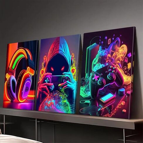 1Set/3Pcs Gaming Wall Art Set Neon Style Triptych Vibrant Headphones Gamer Controller Prints for Game Room Living Area Streamer Setup, 12 * 18inch in Saudi Arabia
