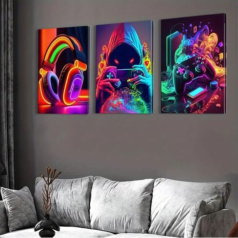 1Set/3Pcs Gaming Wall Art Set Neon Style Triptych Vibrant Headphones Gamer Controller Prints for Game Room Living Area Streamer Setup, 12 * 18inch in Saudi Arabia