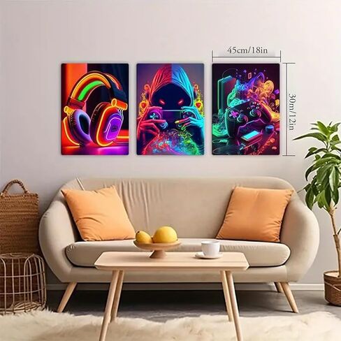 1Set/3Pcs Gaming Wall Art Set Neon Style Triptych Vibrant Headphones Gamer Controller Prints for Game Room Living Area Streamer Setup, 12 * 18inch in Saudi Arabia