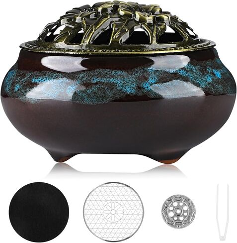 موقد البخور الخزفي المصنوع يدويًا مع غطاء معدني - تأمل Zen ، ديكور المنزل ، الهدية الروحية ، تصميم متين وأنيق لليوغا ، المذبح ، أو الاسترخاء ، الماسك الرماد في البخور الكبيرة. (Fambe Blue) in Kuwait