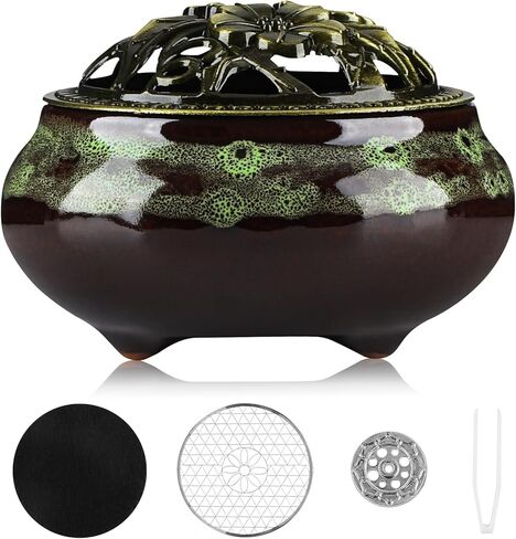 Handmade Ceramic Incense Burner with Metal Lid - Zen Meditation, Home Decor,Spiritual Gift, Durable & Elegant Design for Yoga, Altar, or Relaxation,Large Capacity Incense ash Catcher. (Fambe Blue) in Saudi Arabia