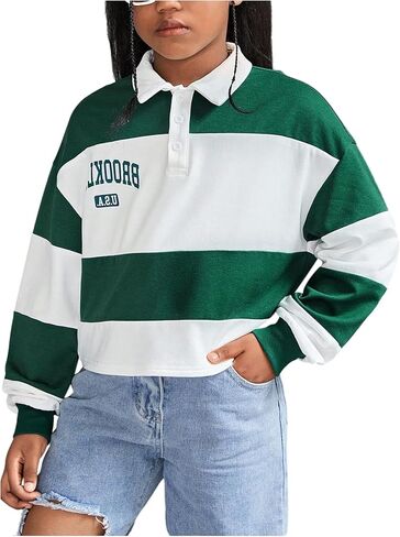 SweatyRocks Girl's Graphic Oversized Sweatshirt Letter Striped Button Collared Preppy Pullover Shirts Fall Outfits in Saudi Arabia