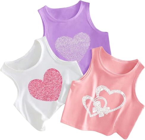 OYOANGLE Girl's 3 Pack Cute Heart Print Crop Tank Top Crewneck Sleeveless Tops Summer Clothes in Saudi Arabia