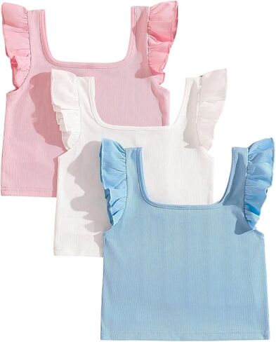 OYOANGLE Girl's 3 Piece Tank Tops Ruffle Trim Square Neck Sleeveless Fitted Crop Top in Saudi Arabia