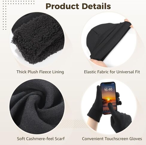 Homaisson Winter Hats Scarf Set for Men Women, Winter Beanie Hat Kit, Thermal Lined Hat, Long Neck Scarf, Touchscreen Gloves in Saudi Arabia