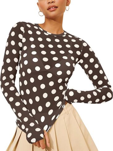 Polka Dots Lace Mesh Tops for Women Sheer Long Sleeve Top Sexy Crew Neck See Through Shirts Party Club Night Blouses in Saudi Arabia