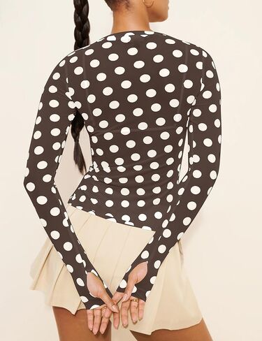 Polka Dots Lace Mesh Tops for Women Sheer Long Sleeve Top Sexy Crew Neck See Through Shirts Party Club Night Blouses in Saudi Arabia