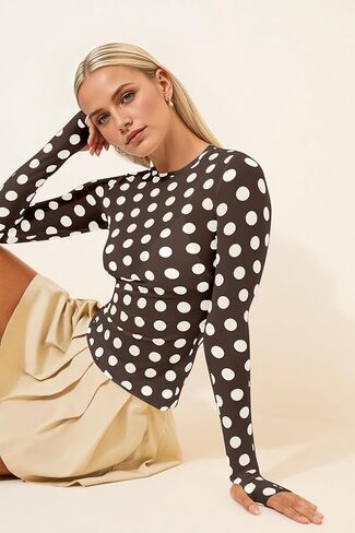 Polka Dots Lace Mesh Tops for Women Sheer Long Sleeve Top Sexy Crew Neck See Through Shirts Party Club Night Blouses in Saudi Arabia