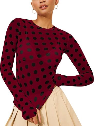 Polka Dots Lace Mesh Tops for Women Sheer Long Sleeve Top Sexy Crew Neck See Through Shirts Party Club Night Blouses in Kuwait