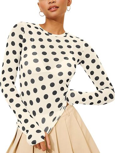 Polka Dots Lace Mesh Tops for Women Sheer Long Sleeve Top Sexy Crew Neck See Through Shirts Party Club Night Blouses in Saudi Arabia