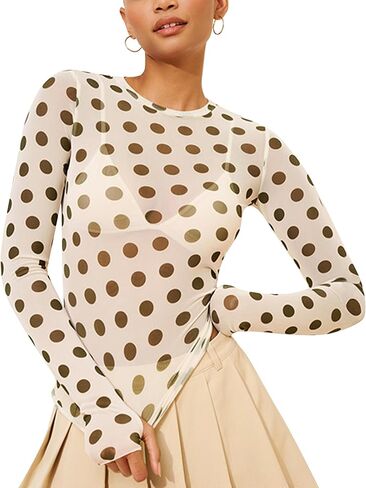 Polka Dots Lace Mesh Tops for Women Sheer Long Sleeve Top Sexy Crew Neck See Through Shirts Party Club Night Blouses in Saudi Arabia
