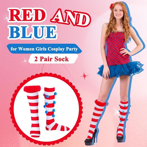 2 Pair Movie Sock for Adult Costume Red and Blue Mesh Striped Socks for Women Girls Cosplay Party in Saudi Arabia