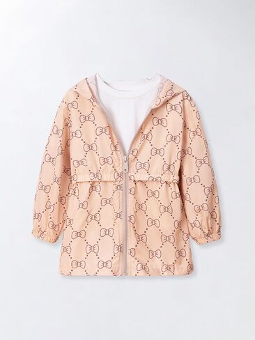 Girls Hooded Jacket, Bow Print Pattern, Long Sleeve Zip Up Outerwear Coat in Saudi Arabia