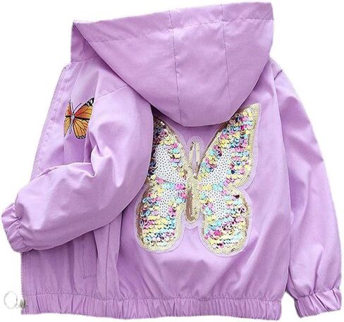 PINU Girls Sequin Butterfly Jacket-Sparkle Hooded Windbreaker-Shimmer Butterfly Lightweight Spring Fall Outerwear for Kids in Saudi Arabia