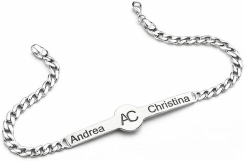 Personalized 925 Sterling Silver Name ID Bracelet for Couples, Custom Engraved Two Names and Initials, Handmade Unisex Chain Bracelet, Anniversary Valentine Birthday Gift in Saudi Arabia