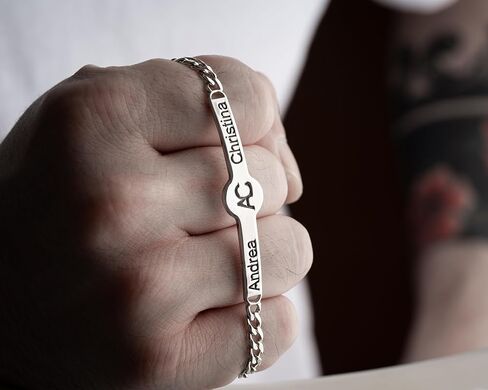 Personalized 925 Sterling Silver Name ID Bracelet for Couples, Custom Engraved Two Names and Initials, Handmade Unisex Chain Bracelet, Anniversary Valentine Birthday Gift in Saudi Arabia