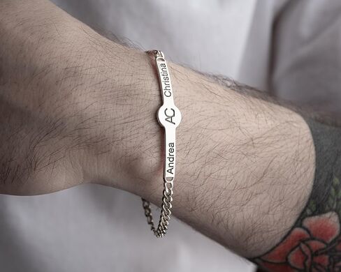 Personalized 925 Sterling Silver Name ID Bracelet for Couples, Custom Engraved Two Names and Initials, Handmade Unisex Chain Bracelet, Anniversary Valentine Birthday Gift in Saudi Arabia