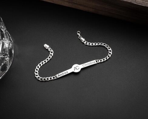 Personalized 925 Sterling Silver Name ID Bracelet for Couples, Custom Engraved Two Names and Initials, Handmade Unisex Chain Bracelet, Anniversary Valentine Birthday Gift in Saudi Arabia