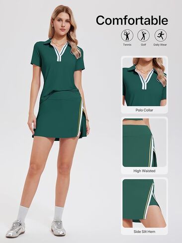 Women’s 2 Piece Tennis Skirt Set Colorblock V Neck Polo & High Waisted Side Slit Skort Athletic Outfit for Pickleball Golf in Saudi Arabia