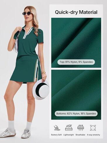 Women’s 2 Piece Tennis Skirt Set Colorblock V Neck Polo & High Waisted Side Slit Skort Athletic Outfit for Pickleball Golf in Saudi Arabia