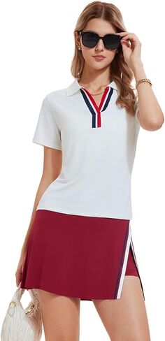 Women’s 2 Piece Tennis Skirt Set Colorblock V Neck Polo & High Waisted Side Slit Skort Athletic Outfit for Pickleball Golf in Saudi Arabia