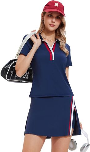 Women’s 2 Piece Tennis Skirt Set Colorblock V Neck Polo & High Waisted Side Slit Skort Athletic Outfit for Pickleball Golf in Saudi Arabia