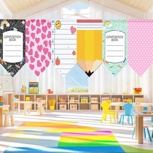6 Pcs Classroom Curtains Back to School Decoration Composition Book Notebook Pencil Curtains 24" x 36" First Day of School Party Decor Colorful for Daycare Bedroom Playroom Room Window in Saudi Arabia