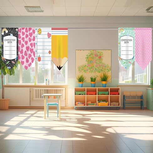 6 Pcs Classroom Curtains Back to School Decoration Composition Book Notebook Pencil Curtains 24" x 36" First Day of School Party Decor Colorful for Daycare Bedroom Playroom Room Window in Saudi Arabia