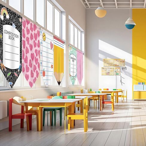 6 Pcs Classroom Curtains Back to School Decoration Composition Book Notebook Pencil Curtains 24" x 36" First Day of School Party Decor Colorful for Daycare Bedroom Playroom Room Window in Saudi Arabia