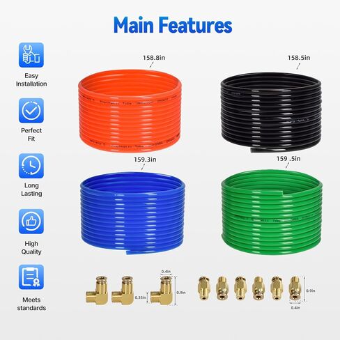 طقم خط الهواء متوافق مع ناقل الحركة Eaton Fuller 13 15 18 سرعة، 4 ألوان خطوط هواء من مادة TPU بطول 13 قدم، 9 تركيبات نحاسية قابلة للدفع، نقل الهواء المضغوط من مقبض ناقل الحركة إلى ناقل الحركة in Kuwait