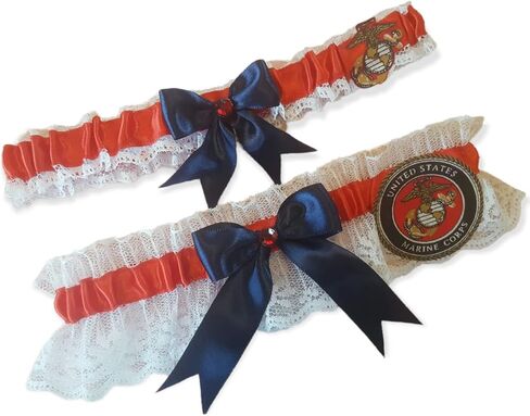 Handcrafted Red, Navy Blue & White Wedding 2pc Garter Set Made Using Marines Fabric in Saudi Arabia