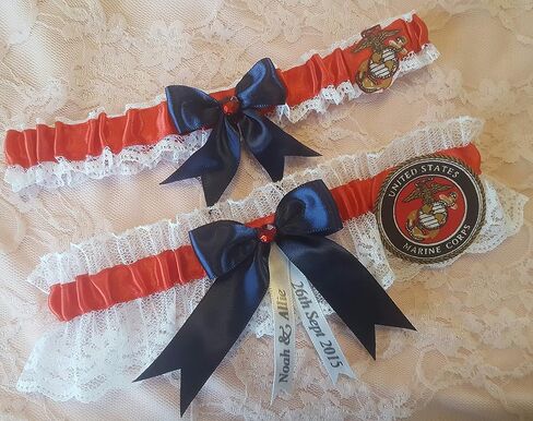 Handcrafted Red, Navy Blue & White Wedding 2pc Garter Set Made Using Marines Fabric in Saudi Arabia