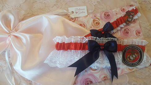 Handcrafted Red, Navy Blue & White Wedding 2pc Garter Set Made Using Marines Fabric in Saudi Arabia