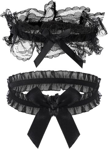 2Pcs Wedding Garter for Bride, Lace Bridal Wedding Garter, Bow Black Garters Set, Bowknot Leg Thigh Garters for Women Bride Dance Birthday Prom Party in Kuwait