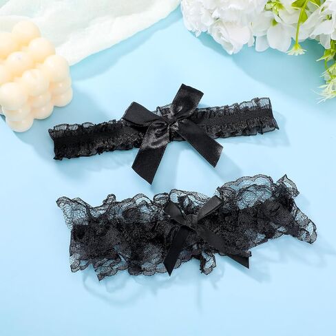 2Pcs Wedding Garter for Bride, Lace Bridal Wedding Garter, Bow Black Garters Set, Bowknot Leg Thigh Garters for Women Bride Dance Birthday Prom Party in Kuwait