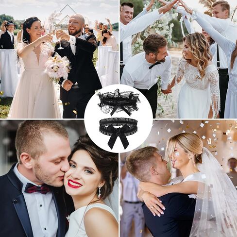 2Pcs Wedding Garter for Bride, Lace Bridal Wedding Garter, Bow Black Garters Set, Bowknot Leg Thigh Garters for Women Bride Dance Birthday Prom Party in Kuwait