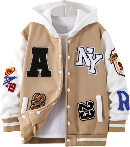 Boy's Letter Graphic Varsity Jacket Long Sleeve Button Down Hooded Baseball Jacket Coat Streetwear in Saudi Arabia