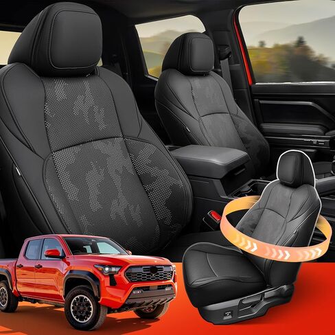 أغطية مقاعد DiffCar® لسيارة Toyota Tacoma 2024 2025 2026، مجموعة كاملة من ملحقات الشاحنات المصنوعة من جلد نابا الصناعي لسيارة Tacoma Double Cab 4th Gen، واقيات مقاعد السيارة تناسب الصف الخلفي الأمامي حسب الطلب، أسود مموه in Kuwait