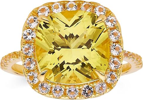 Fine Color Jewels Lab Grown Canary Yellow Sapphire Cushion Halo Ring in 18K Yellow Gold Plated Sterling Silver in Saudi Arabia