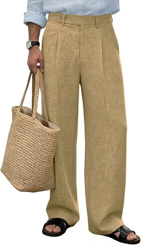 Susclude Mens Linen Casual Dress Pants Baggy Pleated Old Money Wide Leg Slacks Relaxed Fit Lightweight Work Trousers in Saudi Arabia