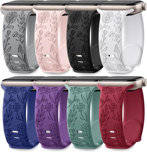 Easuny 8 Pack Bands for Women Compatible with Apple Watch 40mm 41mm 38mm 42mm 44mm 45mm 46mm 49mm iWatch Series 11 10 9 8 7 6 5 4 3 Ultra SE 3 SE 2nd, Soft Silicone Floral Engraved Dressy Wrist Straps in Kuwait