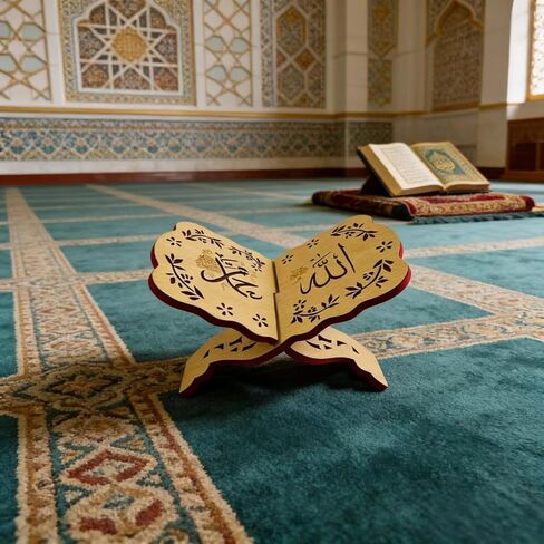 حامل كتب القرآن الكريم الإسلامي من KYMY - حامل قراءة القرآن الكريم المنحوت الخشبي القابل للطي للقرآن والقرآن وكتب الكتاب المقدس وحامل كتب الصلاة الإسلامية لديكور رمضان والعيد in Kuwait