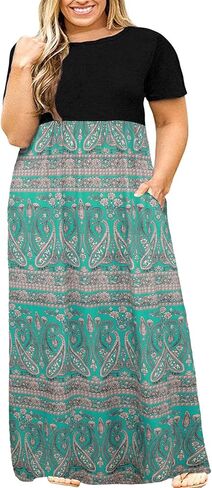 Kancystore Women's Plus Size Maxi Dress with Pockets Summer Dresses XL-5X | Plus Size High Waisted Long Length Beach Dress, Empire Waist Round Neck Casual Dress, Solid Striped Floral Tie Dye Colors in Saudi Arabia