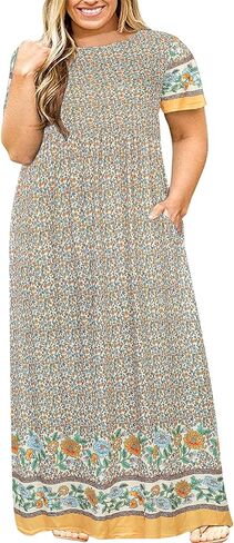 Kancystore Women's Plus Size Maxi Dress with Pockets Summer Dresses XL-5X | Plus Size High Waisted Long Length Beach Dress, Empire Waist Round Neck Casual Dress, Solid Striped Floral Tie Dye Colors in Saudi Arabia